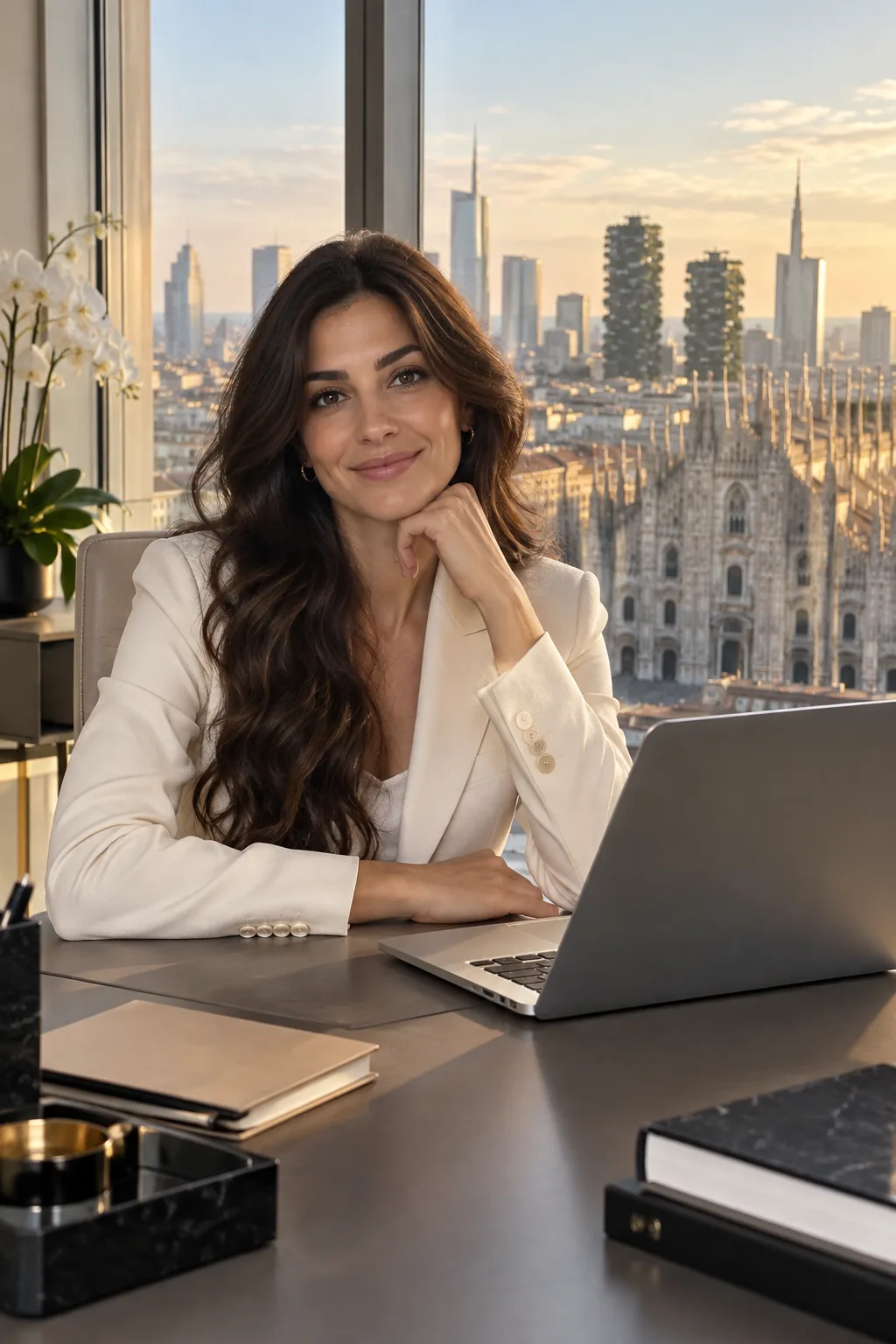 La referente Quanty Promotion per l’Italia alla sua scrivania, con vista sul Duomo di Milano