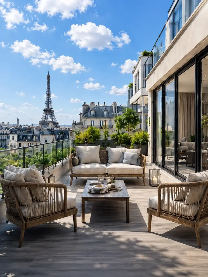 Terrasse d’un logement neuf avec vue sur Paris