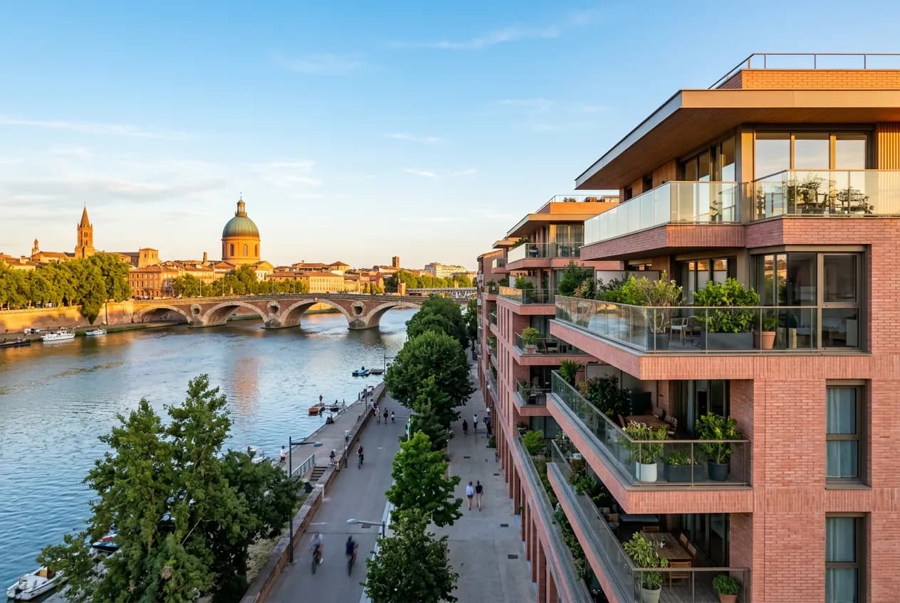 Résidence neuve en brique rose au bord de la Garonne à Toulouse