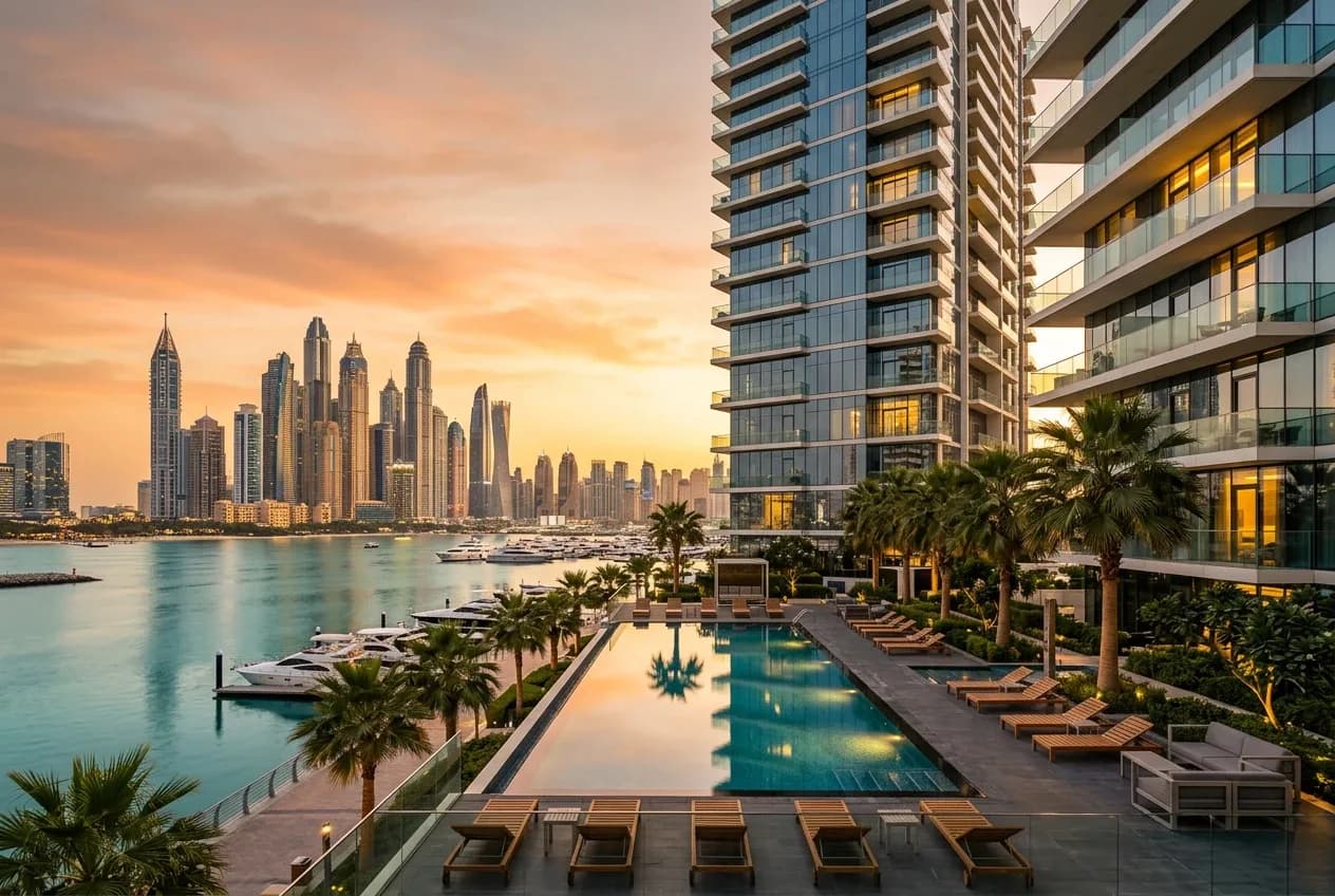 Résidence neuve avec piscine face à la marina et aux tours de Dubaï au coucher du soleil