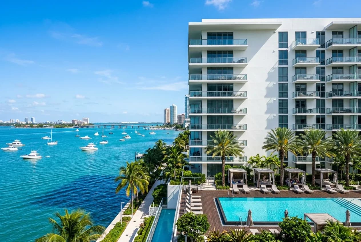 Immeuble neuf avec piscine et palmiers au bord de la baie de Miami