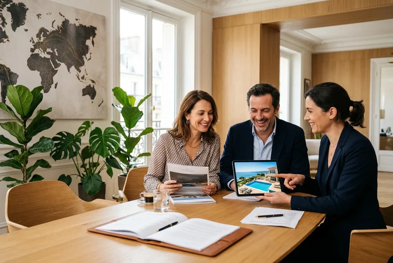 Un couple échange avec une conseillère sur un projet immobilier à l’étranger