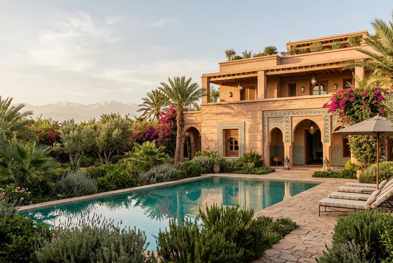 Résidence neuve de style marocain avec piscine, palmiers et l’Atlas en arrière-plan
