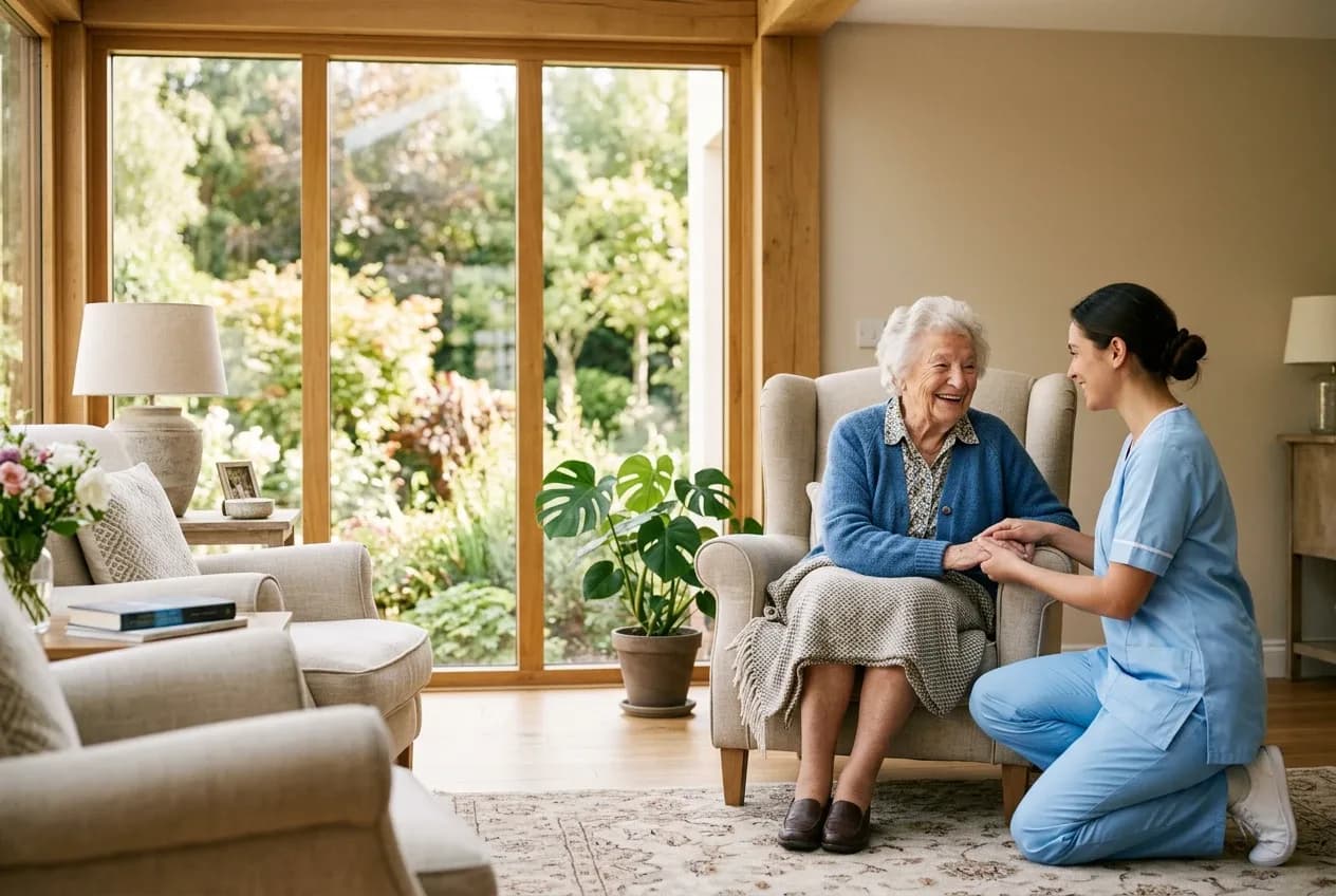 Une soignante accompagne avec bienveillance une dame âgée dans le salon lumineux d’un EHPAD