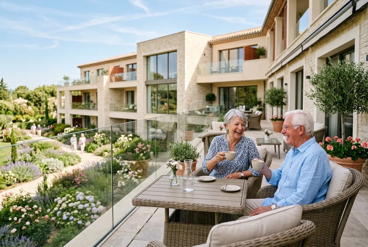Un couple de seniors prend un café sur la terrasse d’une résidence services seniors