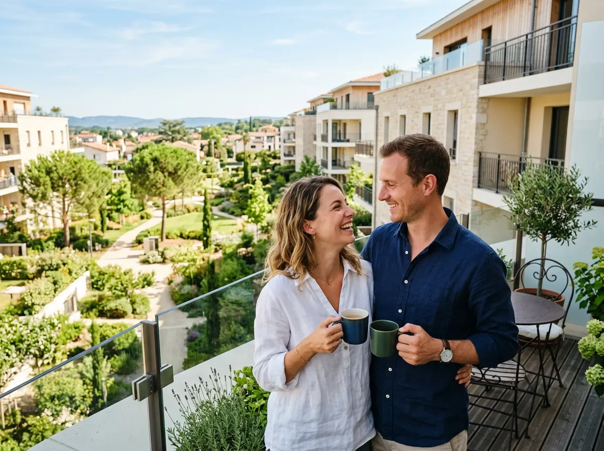 Un couple sur le balcon de son appartement neuf, face aux jardins de la résidence