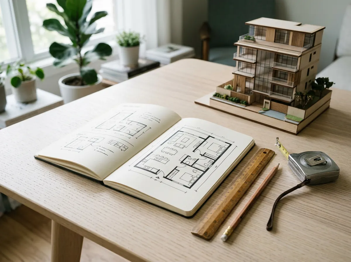 Plans d’appartement, règle et maquette de résidence sur un bureau