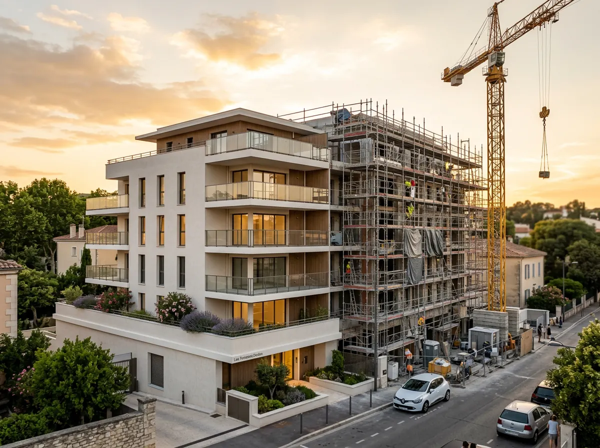 Une résidence neuve en fin de chantier, entre façade terminée et échafaudages