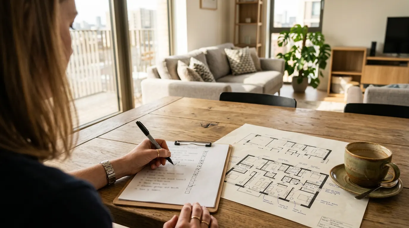 Une acheteuse coche sa liste de vérifications à côté des plans d’un appartement