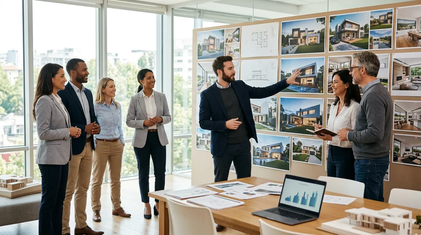 Une équipe présente ses réalisations immobilières à des clients