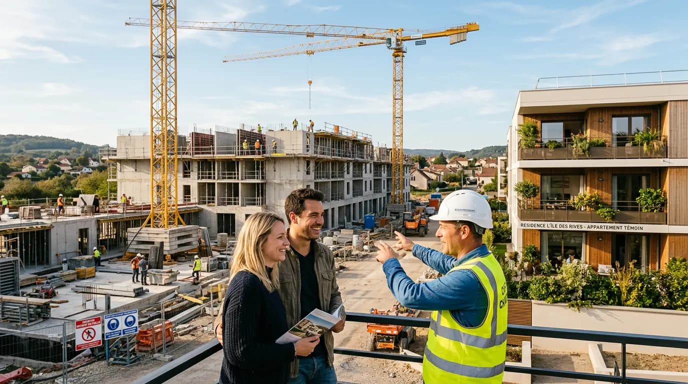Un couple suit l’avancement du chantier de sa future résidence avec un conducteur de travaux