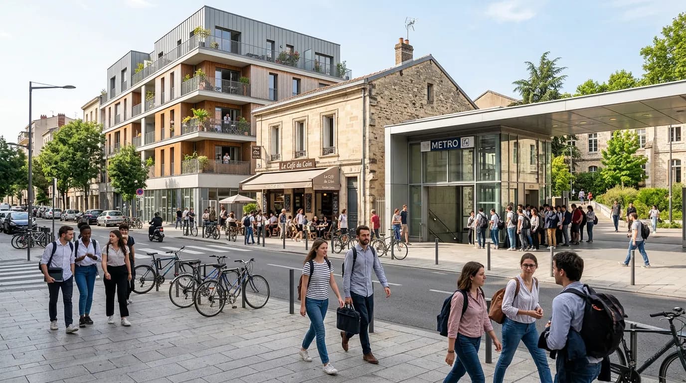 Une rue animée près d’une station de métro et d’une résidence neuve