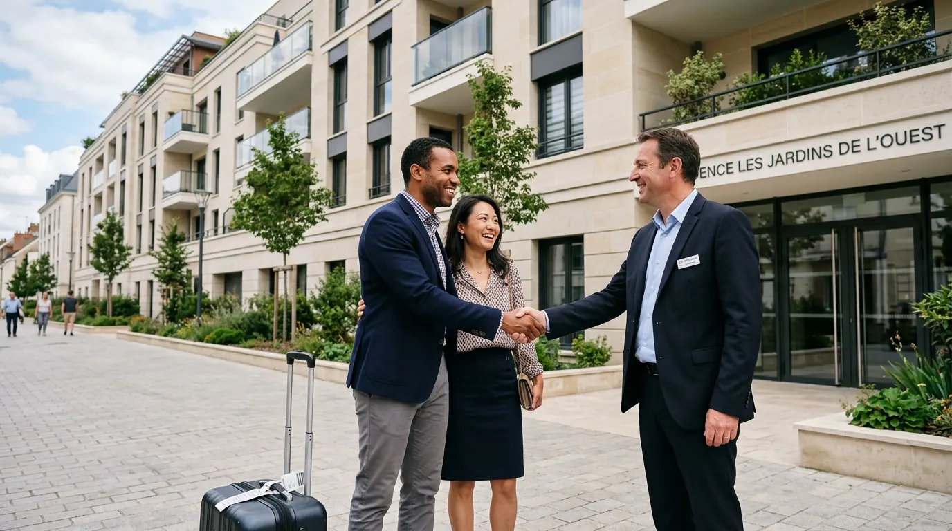 Un conseiller accueille un couple d’investisseurs étrangers devant une résidence neuve
