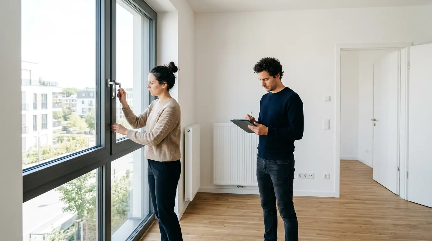 Un couple inspecte son appartement neuf lors de la visite de livraison