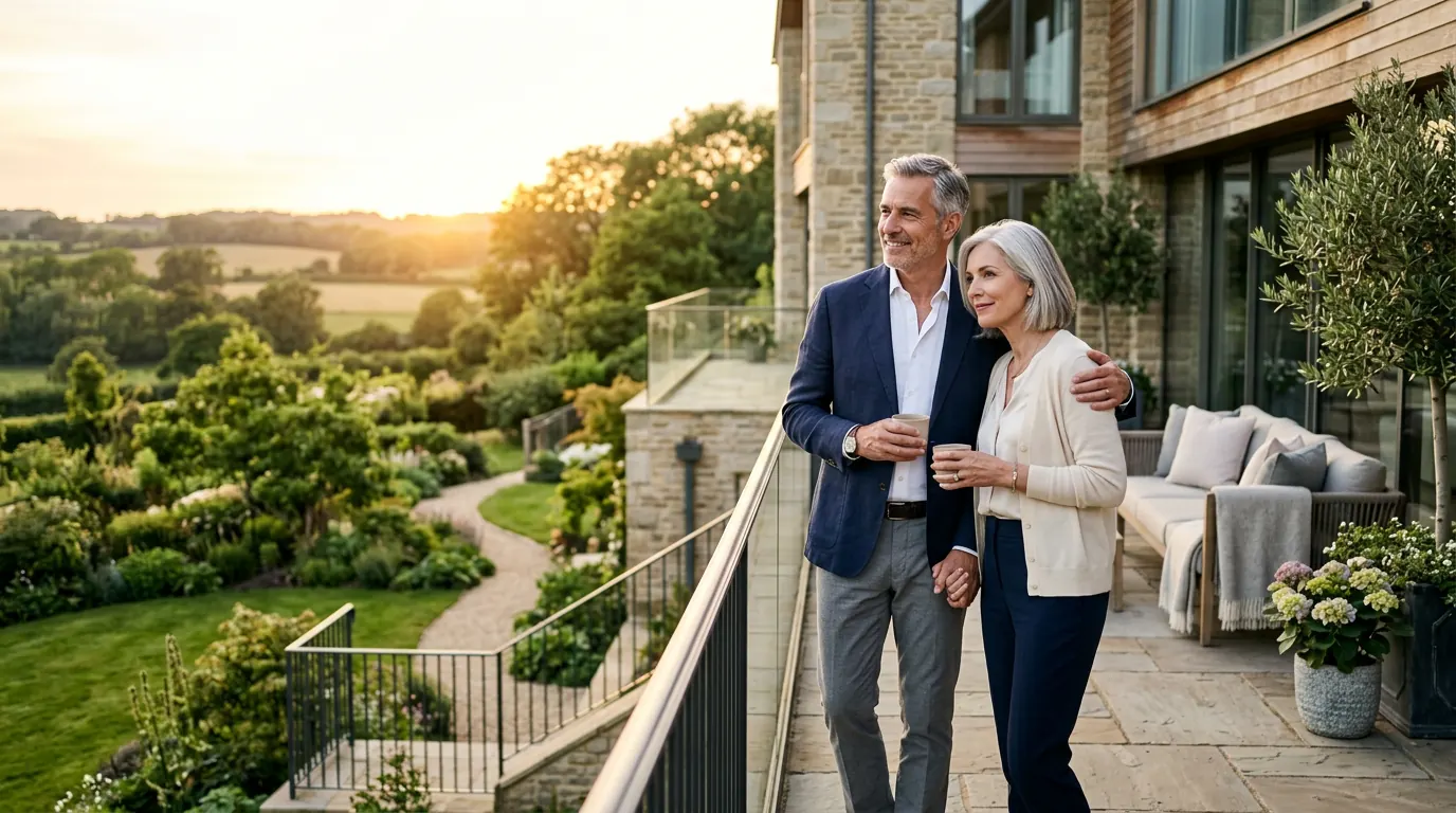 Un couple sur la terrasse d’une résidence neuve au coucher du soleil