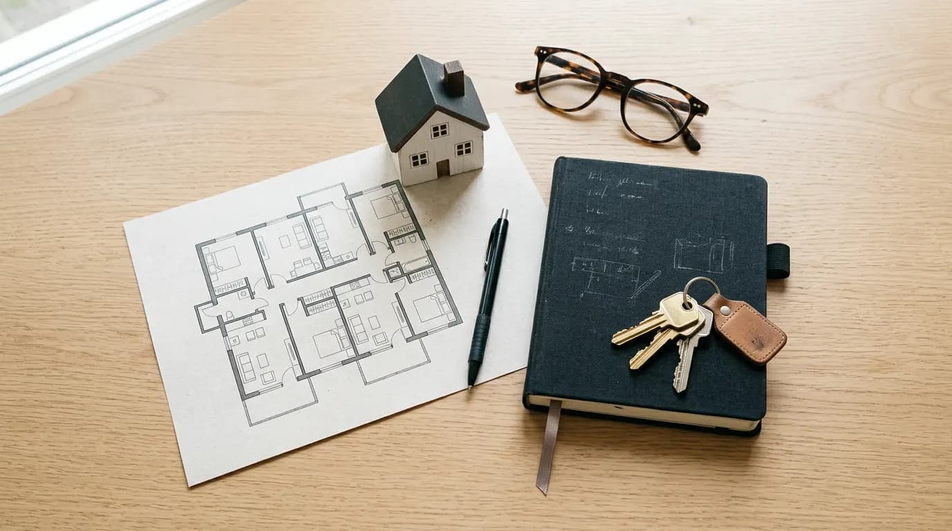Plans d’appartement, clés et carnet sur un bureau en bois