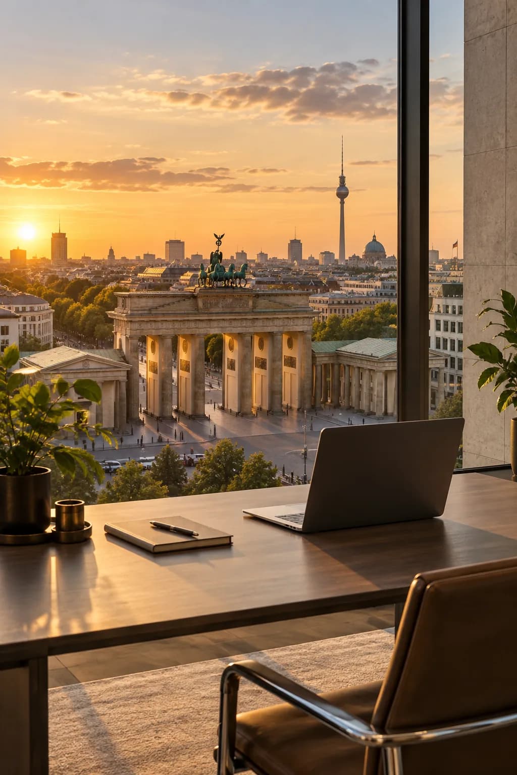 Ein helles Büro mit Blick auf das Brandenburger Tor in Berlin