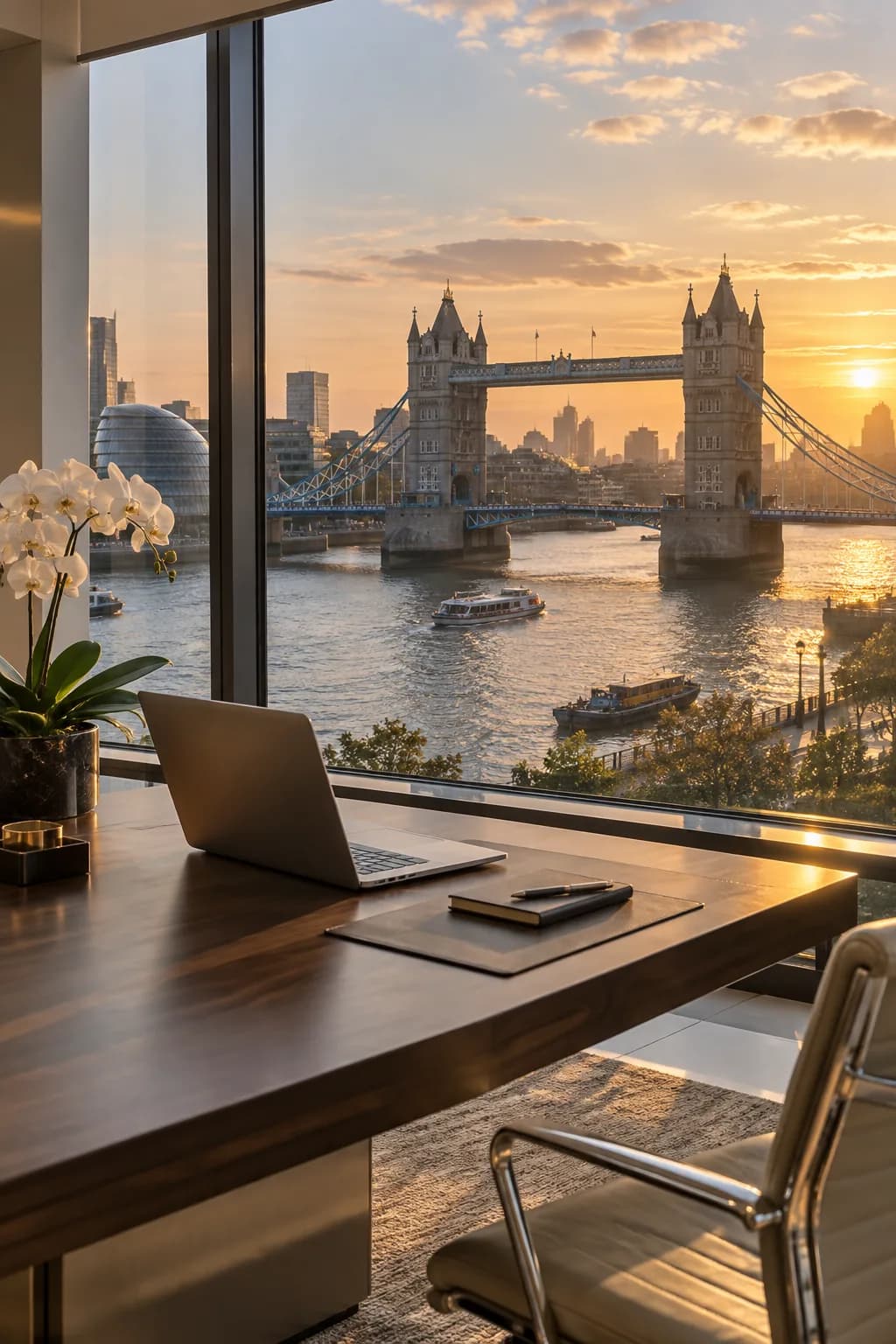 A bright office overlooking Tower Bridge and the Thames in London