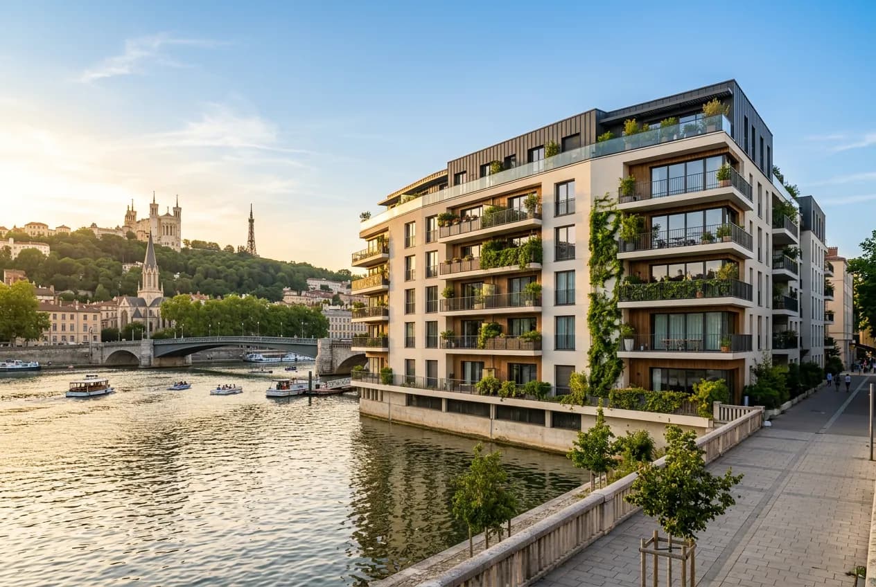 Résidence neuve au bord de la Saône à Lyon, avec la colline de Fourvière