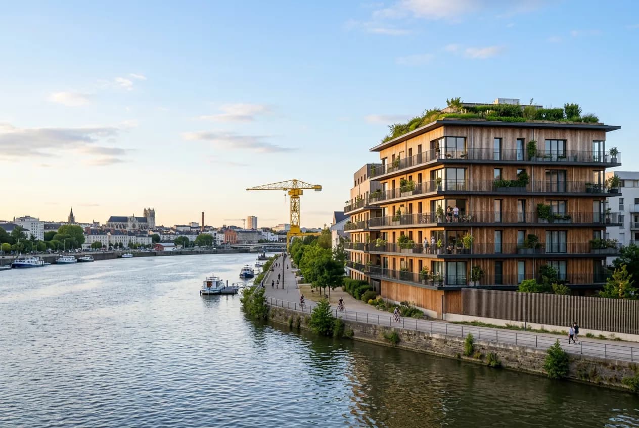 Résidence neuve sur l’île de Nantes au bord de la Loire, avec la grue Titan