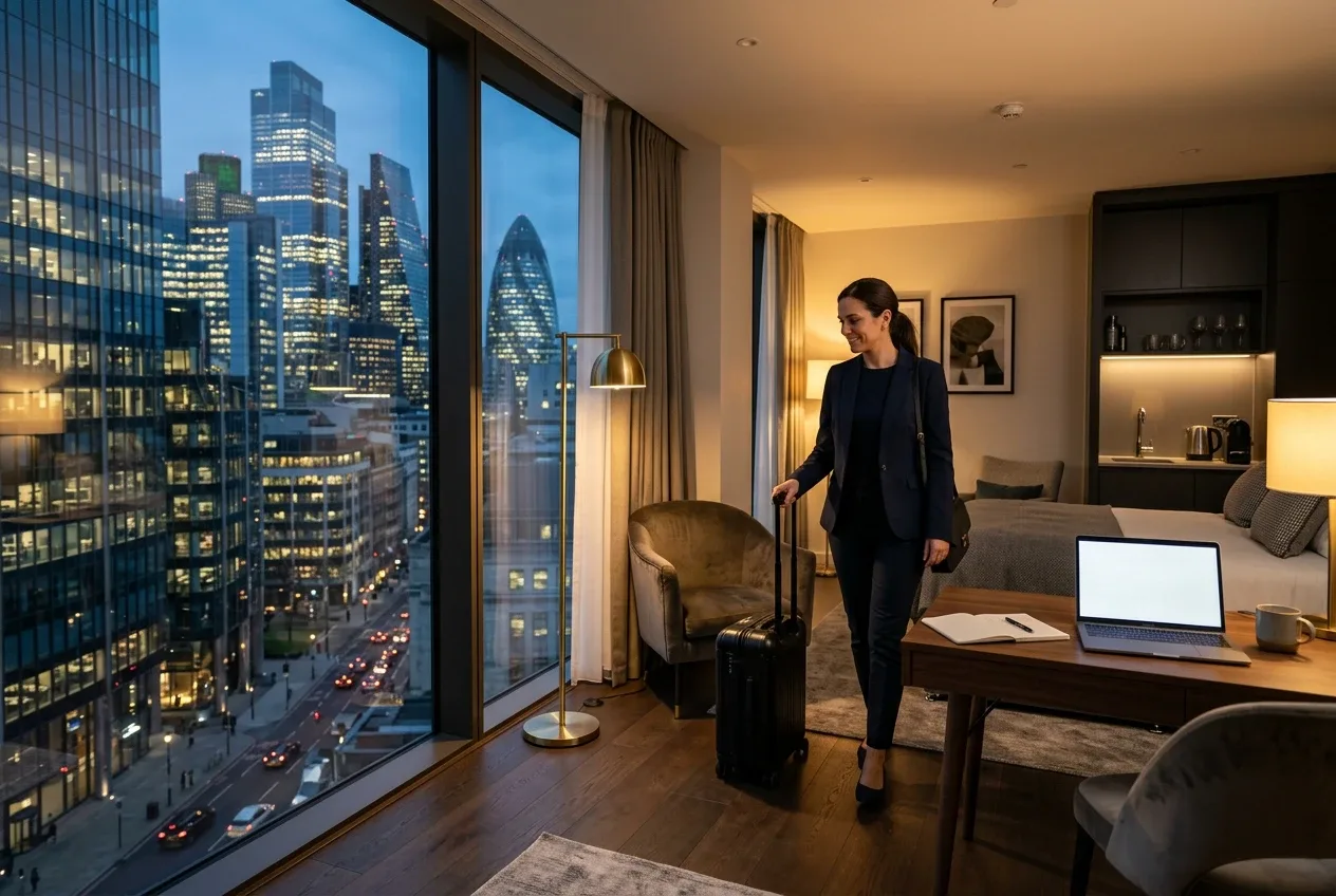 Une voyageuse d’affaires arrive dans un studio d’apparthôtel avec vue sur la ville