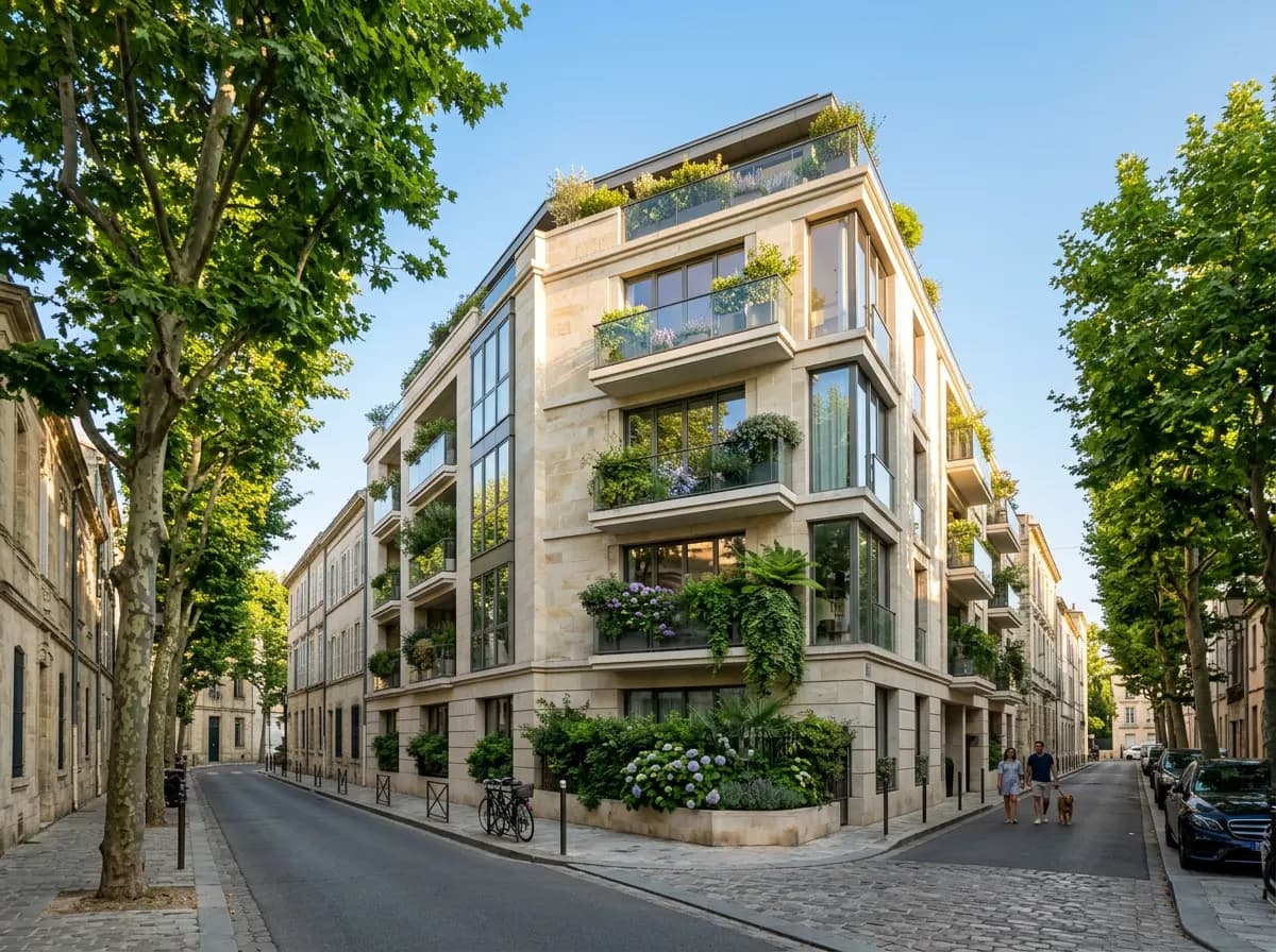 Une résidence neuve en pierre et verre dans une rue arborée