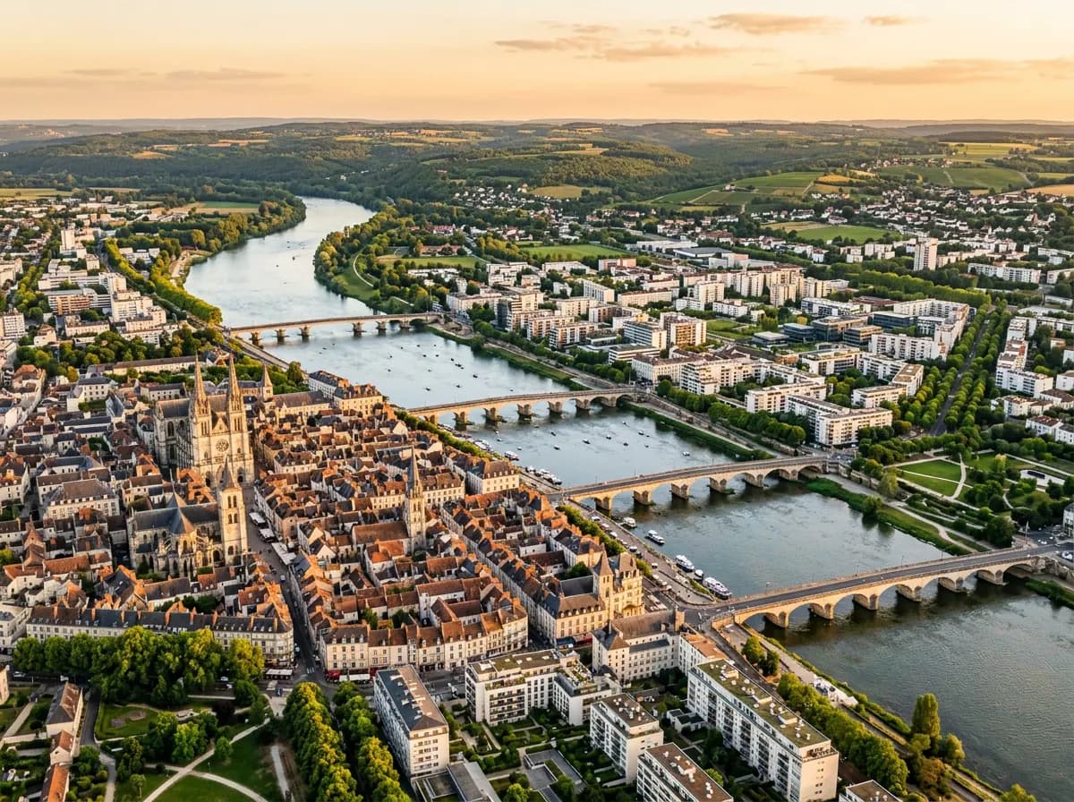 Vue aérienne d’une ville française au bord d’un fleuve, avec ses quartiers neufs