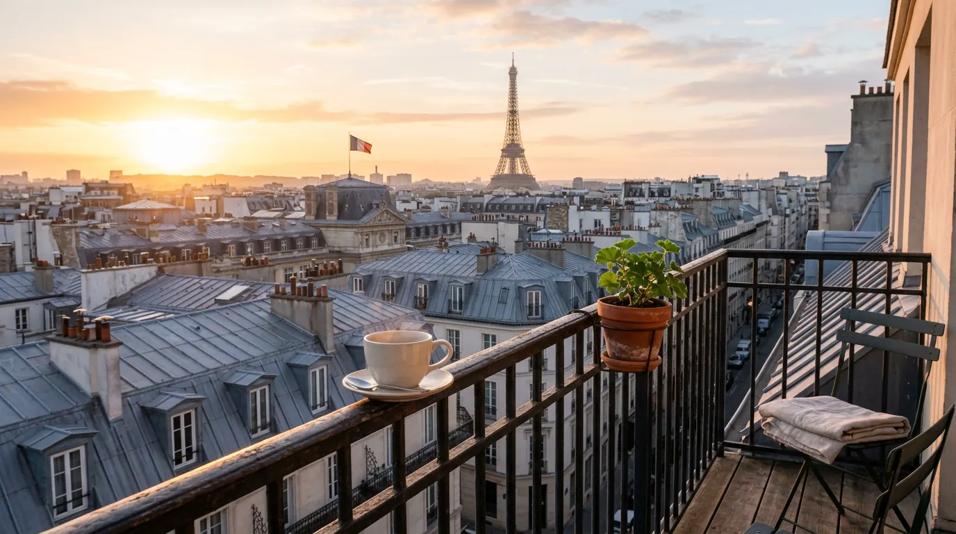 Les toits de Paris et la tour Eiffel au lever du soleil, vus d’un balcon