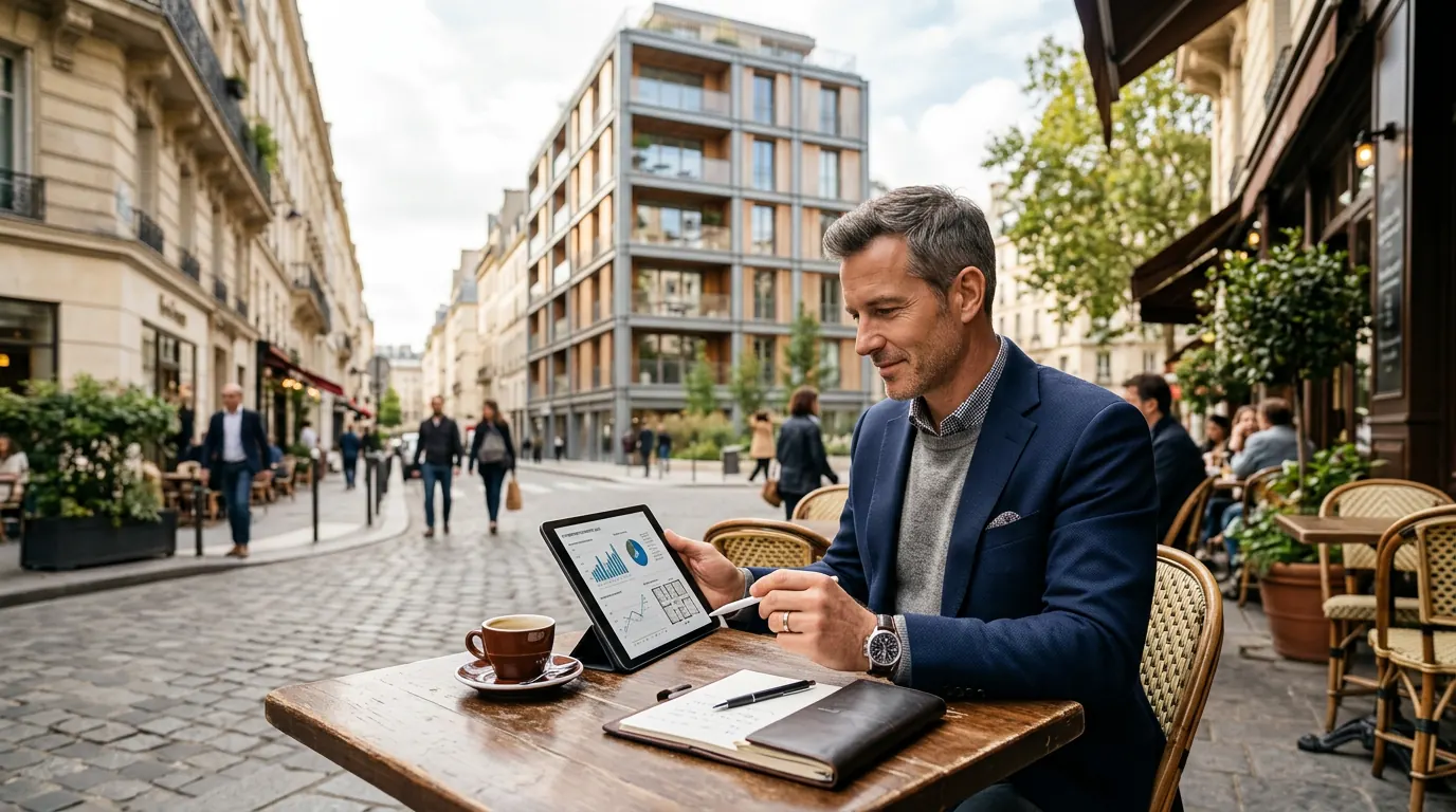 Un investisseur étudie son projet locatif sur une tablette en terrasse de café