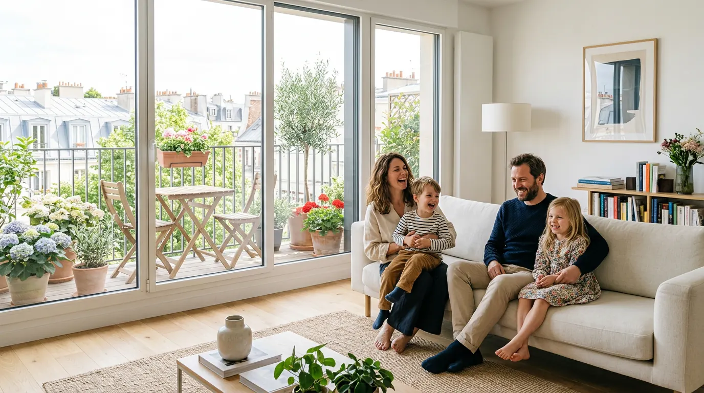 Une famille dans le séjour lumineux de son appartement neuf