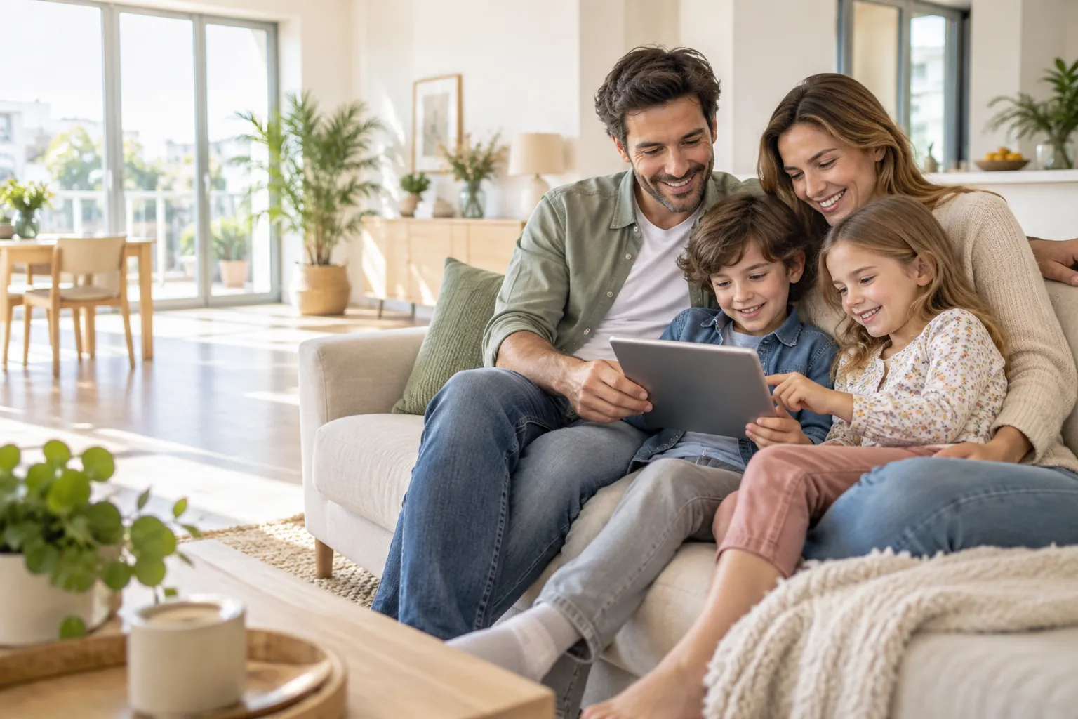 Une famille prépare son projet immobilier sur une tablette