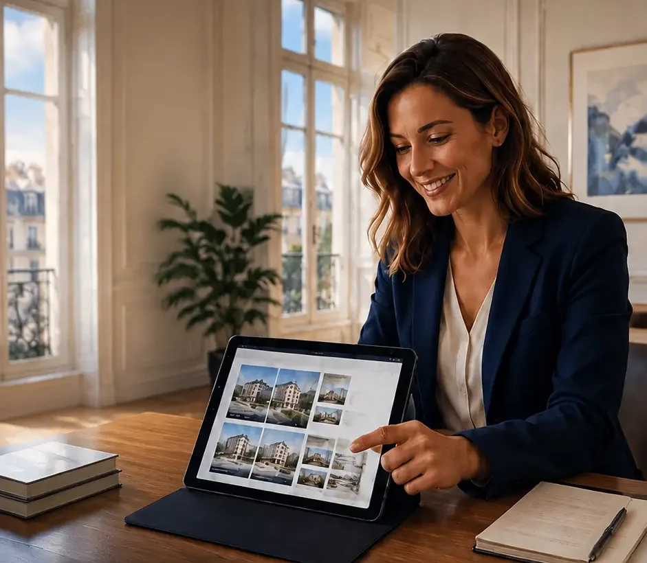 Une conseillère Quanty Promotion présente une sélection de programmes neufs sur tablette