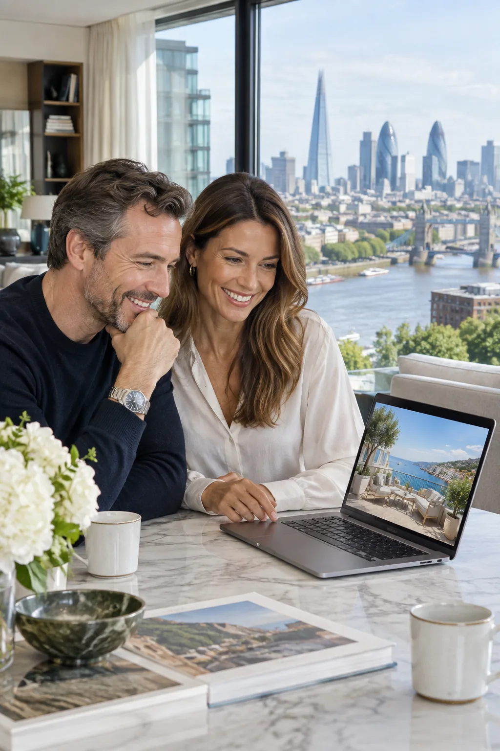 A British couple in their London flat looking at a new apartment in France on a laptop