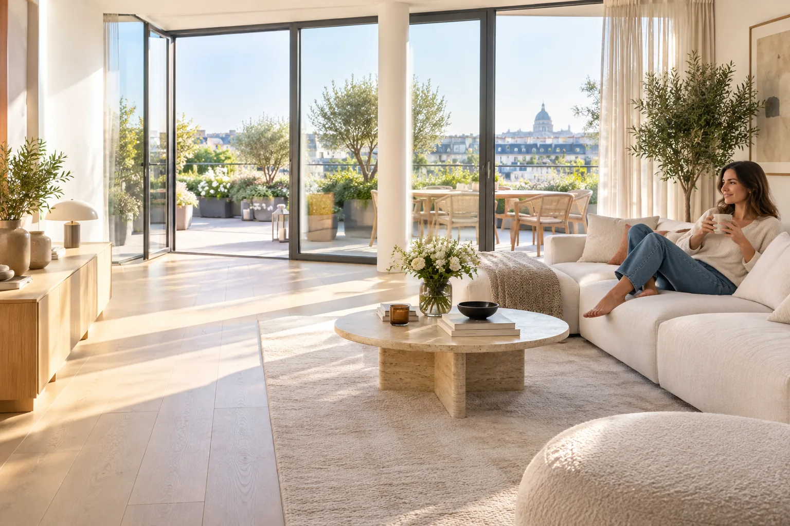 Le séjour lumineux d’un appartement neuf ouvert sur une grande terrasse
