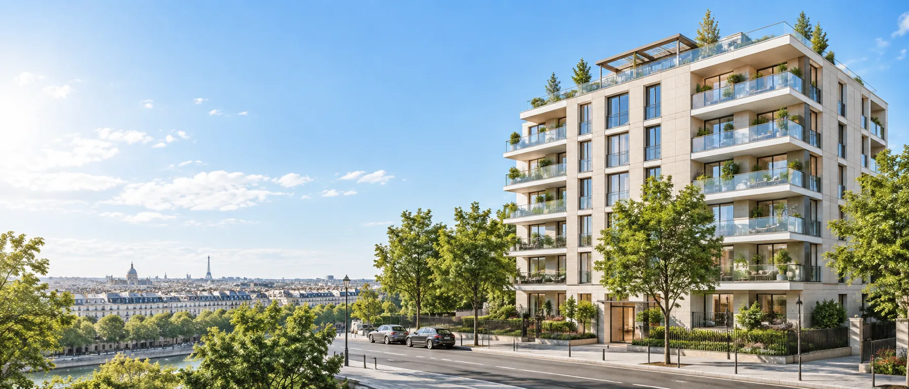 Immeuble neuf lumineux sur un boulevard arboré, exemple de patrimoine immobilier neuf